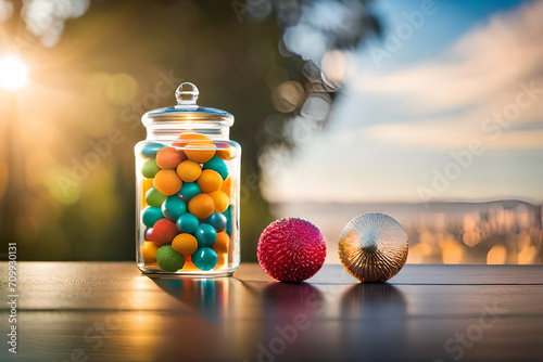 glass jars full of colorful candies and bubble gums photo