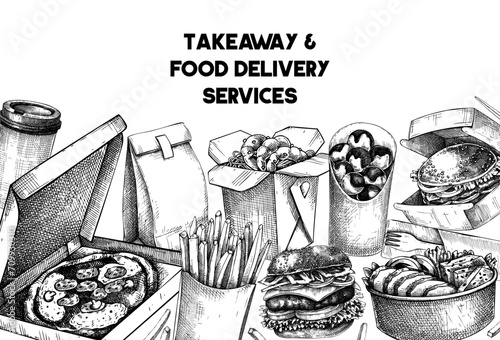 Food delivery banner. Hand drawn vector illustration. Vintage style. Takeaway food background, takeout food in paper box, fast food menu design. Pizza, burger, coffee, noodles, poke, sushi sketch