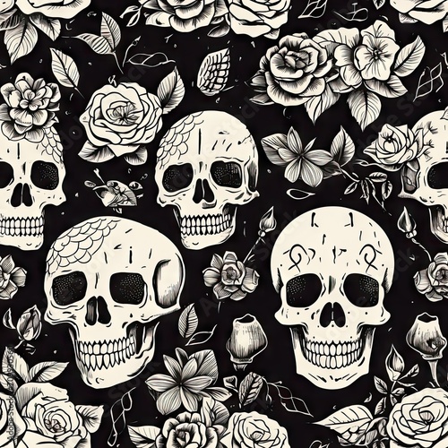 Monochrome pattern of skulls and flowers in a gothic style