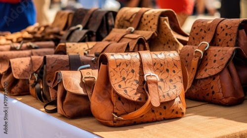 Portuguese souvenirs, brown cork bags, at the street market at the Nazare, Portugal.