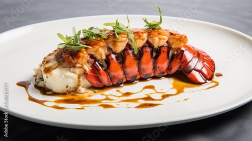 a perfectly roasted lobster tail, its succulent meat and buttery glaze presented against the pristine backdrop of a white canvas.