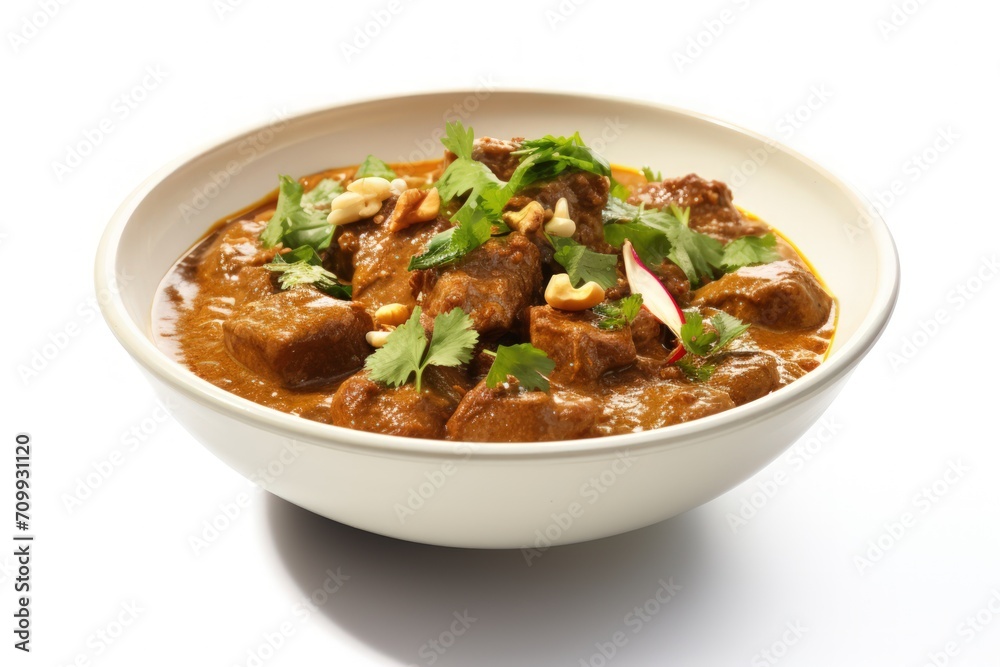 Massaman Beef Curry, a flavorful Thai dish, served in a bowl. Massaman Beef Curry, a flavorful Thai dish, served in a bowl.