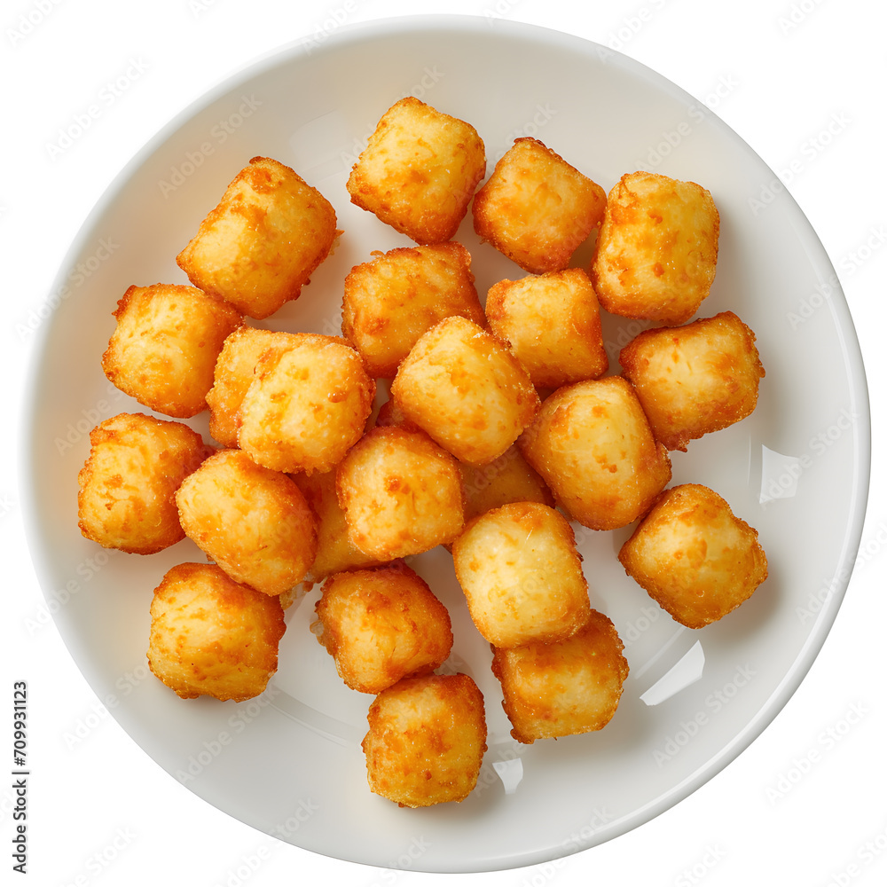 Tater tots on white plate, top view, isolated on white background Tater tots on white plate, top view, isolated on white background