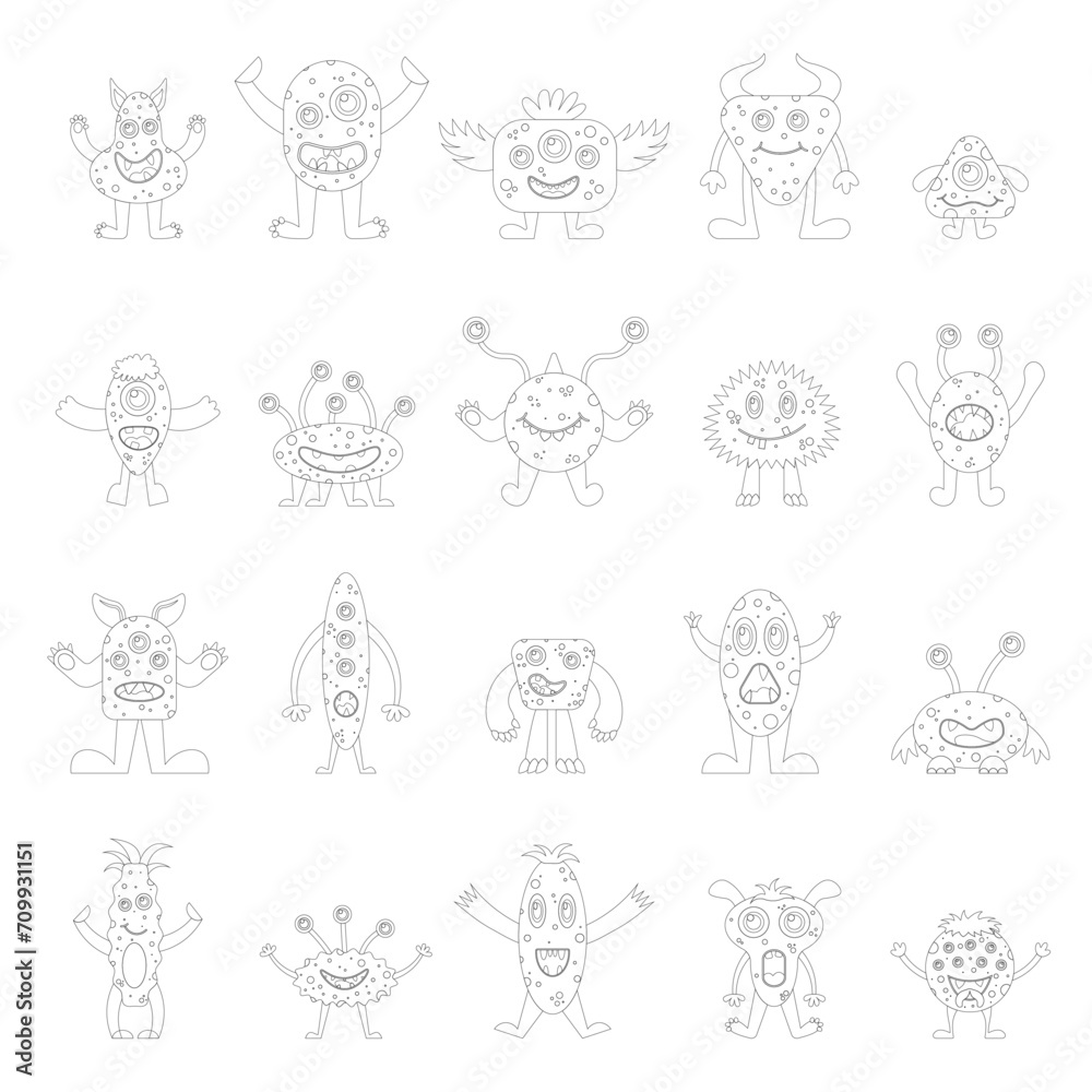 Coloring set of cute monsters. Vector illustration.