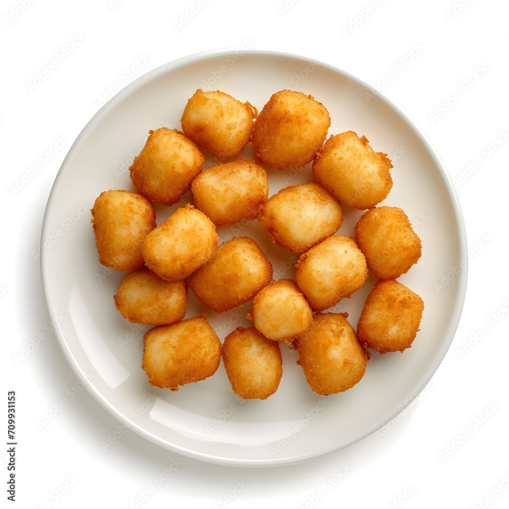 Tater tots on white plate, top view, isolated on white background Tater tots on white plate, top view, isolated on white background