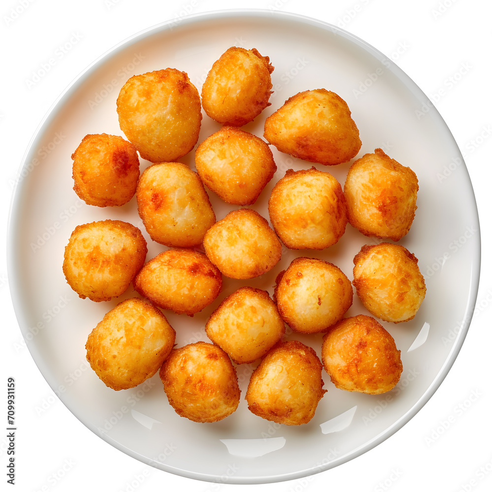 Tater tots on white plate, top view, isolated on white background Tater tots on white plate, top view, isolated on white background