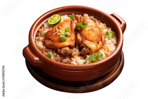 fried rice with chicken fry in brown clay hand, Isolated on transparent PNG back, Generative ai
