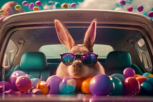 Cute Easter Bunny with sunglasses looking out of a car filed with easter eggs photo