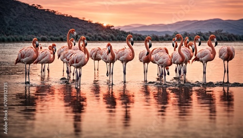 Beautiful pink flamingos floating placidly on the water's surface © LIFE LINE