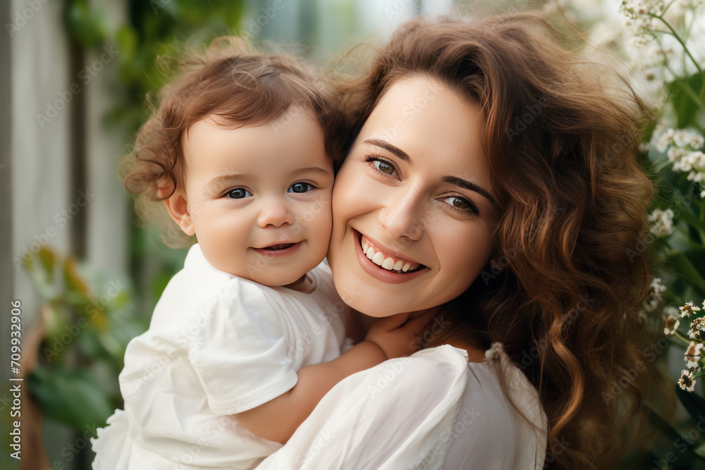 Mom hugging her toddler baby, happy and smiling mother Mom hugging her toddler baby, happy and smiling mother
