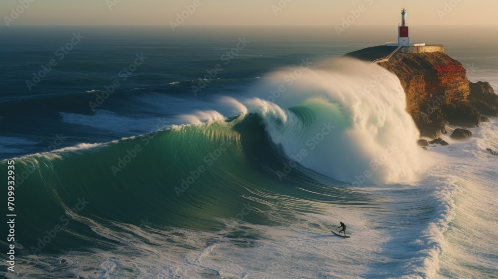 Surfer riding huge wave near the Fort of Sao Miguel Arcanjo Lighthouse in Nazare, Portugal. Nazare is famously known for having the biggest waves in the world.


 - obrazy, fototapety, plakaty 