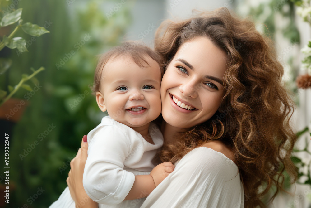 Mom hugging her toddler baby, happy and smiling mother Mom hugging her toddler baby, happy and smiling mother