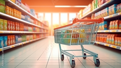 Supermarket Display Aisle with Gondola perspective view. 3D rendering illustration.