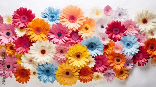 a pile of gerbera daisy petals  their vibrant colors forming a lively display against a clean and inviting white canvas  exuding the spirit of celebration.