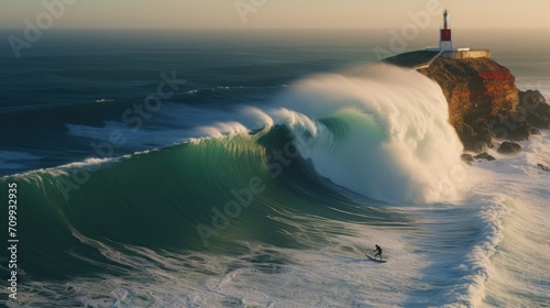 Surfer riding huge wave near the Fort of Sao Miguel Arcanjo Lighthouse in Nazare, Portugal. Nazare is famously known for having the biggest waves in the world.


 photo