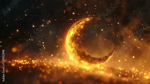 Golden crescent moon with sparks on black background. 3D rendering