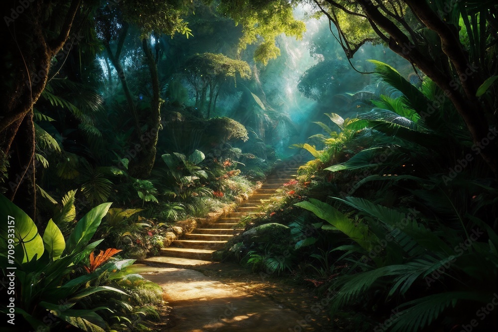 Pathway in the tropical rainforest with sunlight shining through the trees