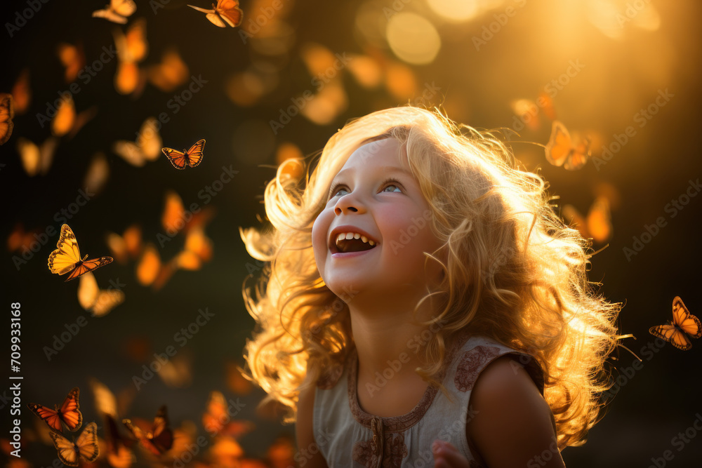 Happy blonde little girl excited looking up in the butterflies