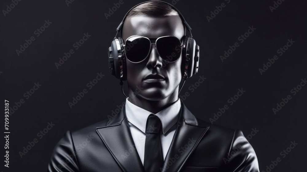 Technical support service concept background with copy space.. Secret service agent. Pilot. Beautiful mannequin in black sunglasses and headphones on gray background. Surveillance concept.
Technical support service concept background with copy space.. Secret service agent. Pilot. Beautiful mannequin in black sunglasses and headphones on gray background. Surveillance concept.
