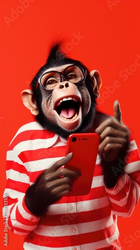 Funny Monkey holding a mobile phone and showing thumbs up over red background photo