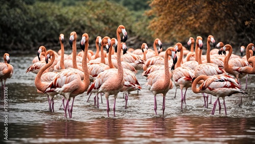  A flock of vibrant pink flamingos gracefully standing on the surface of waters
