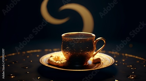 A cup of tea on the background of the crescent moon.