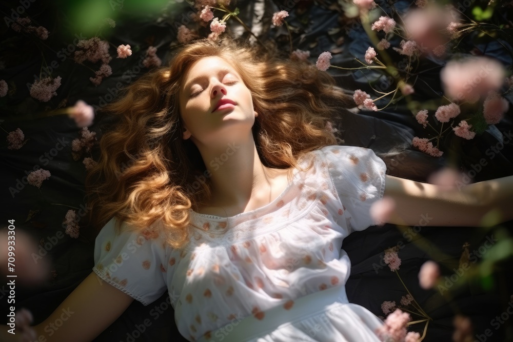 Spring girl wakes up from hibernation, spring forest Spring girl wakes up from hibernation, spring forest