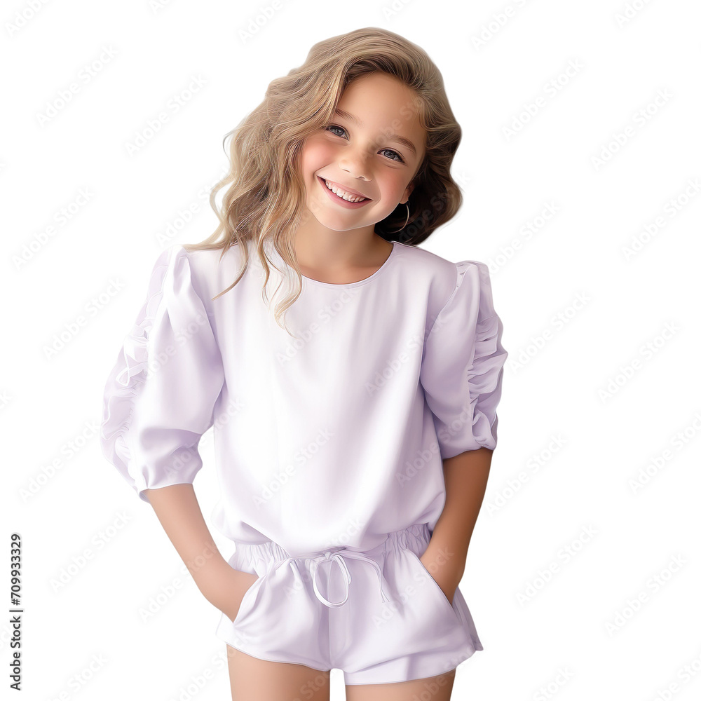 Front view mid shot of a white 10-year-old girl wearing a playful lavender romper, smiling on a white background Front view mid shot of a white 10-year-old girl wearing a playful lavender romper, smiling on a white background