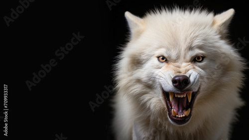 Angry white wolf roaring ready to attack isolated on gray background photo