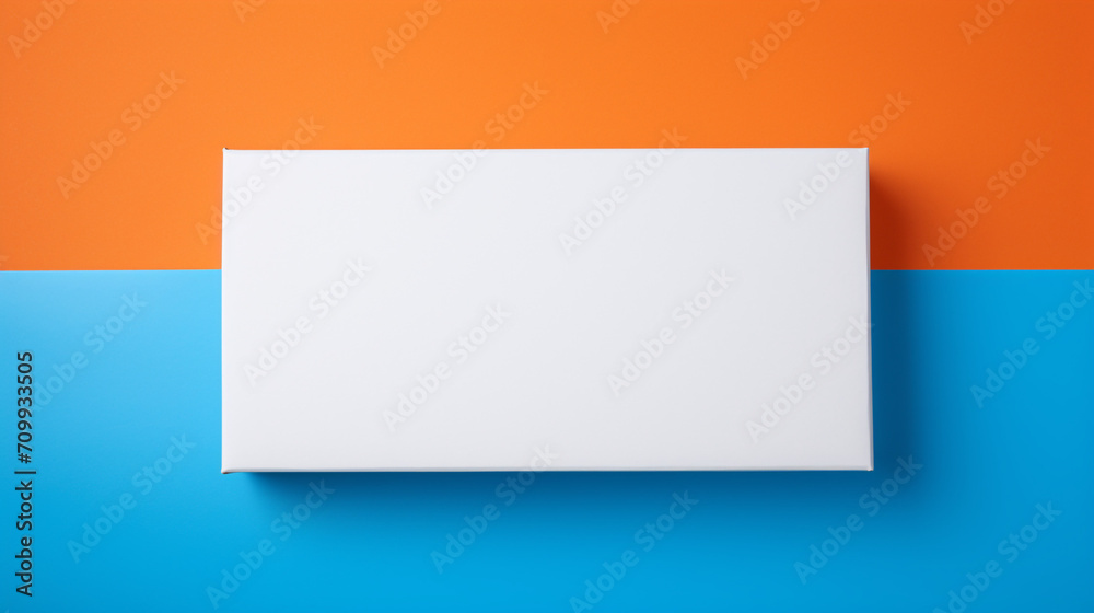 There is an open rectangular empty white box on an orange table, a blue ribbon lies next to it created with Generative Ai There is an open rectangular empty white box on an orange table, a blue ribbon lies next to it created with Generative Ai