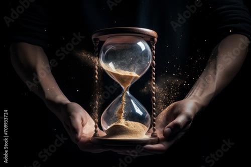 a large hourglass hangs in the air, large grains of sand are scattered, a hand reaches out to the clock, dark background