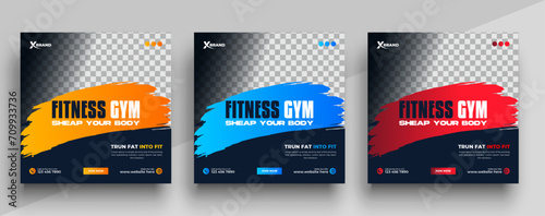 Gym and fitness social media post banner template with black yellow and blue color, Sports and Fitness social media post banner
