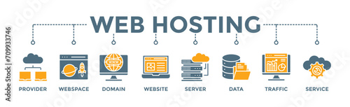 Web hosting banner web icon vector illustration concept with icon of provider, webspace, domain, website, server, data, traffic and service