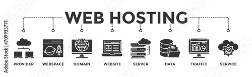 Web hosting banner web icon vector illustration concept with icon of provider, webspace, domain, website, server, data, traffic and service