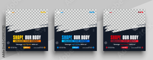 Gym and fitness social media post banner template with black yellow and blue color, Sports and Fitness social media post banner 