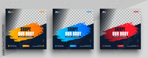 Gym and fitness social media post banner template with black yellow and blue color, Sports and Fitness social media post banner
 photo