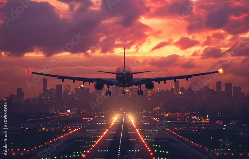 A commercial airplane taking off at dusk, illuminated by technology generated
