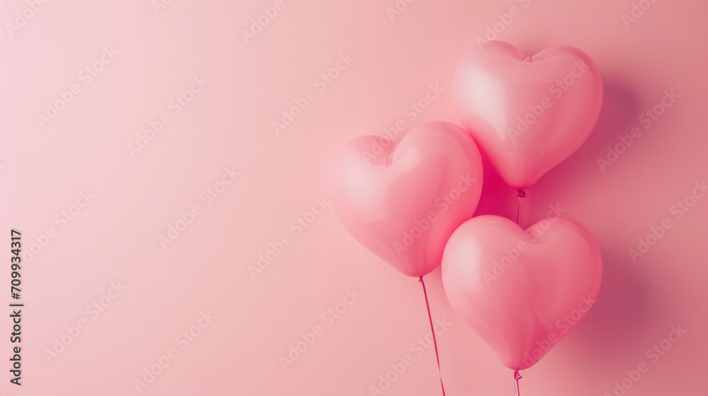 pink heart-shaped balloons on a pastel blue background, love concept 