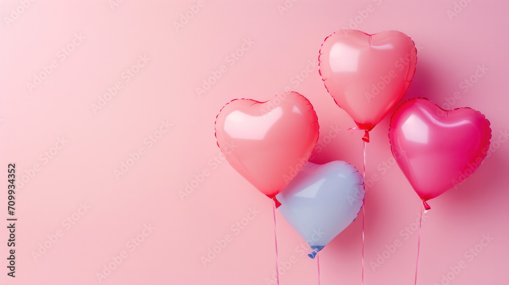 pink heart-shaped balloons on a pastel blue background, love concept 