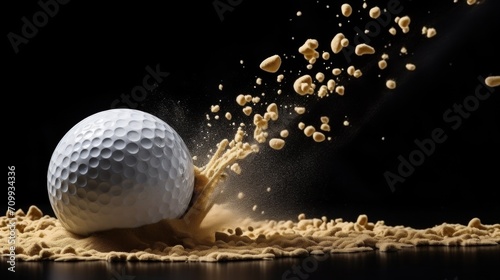 White golf ball in golden dry sand explosion on black background.
