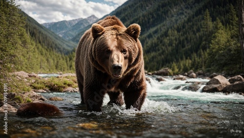 A brown bear visited a pristine mountain river in order to hunt, get food, and capture some fish.