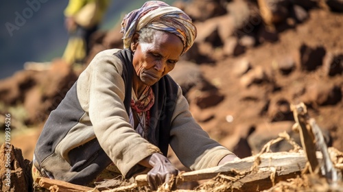 Woman of Ethiopian origin chopping wood nearby Wenchi Crater Lake, Ethiopia, Africa.


