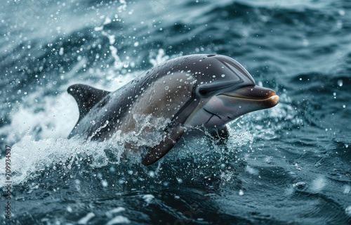 Dolphins jumping out of the water poster with copy space © somruethai