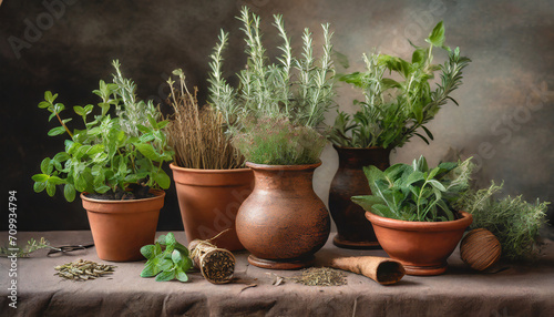 Botanical still life with herbs. Earthy tones, herbal details. Arrangement of fresh herbs in rustic pots. Natural and aromatic, evoking the essence of a flourishing garden.