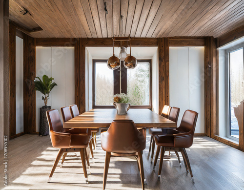 Brown leather chairs at wood dining table in room with abstract wood lining ceiling and paneling walls. Minimalist scandinavian interior design of modern dining © yahan balch