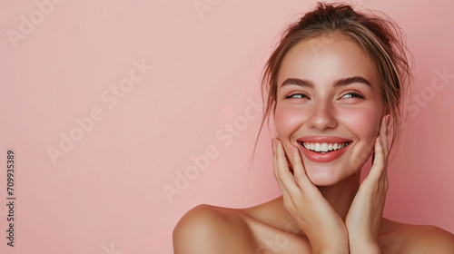 Beauty skin. Head and shoulders of woman model  touching glowing  hydrated facial skin  apply toner  skin cream or lotion for healthy look  after shower portrait  white background.