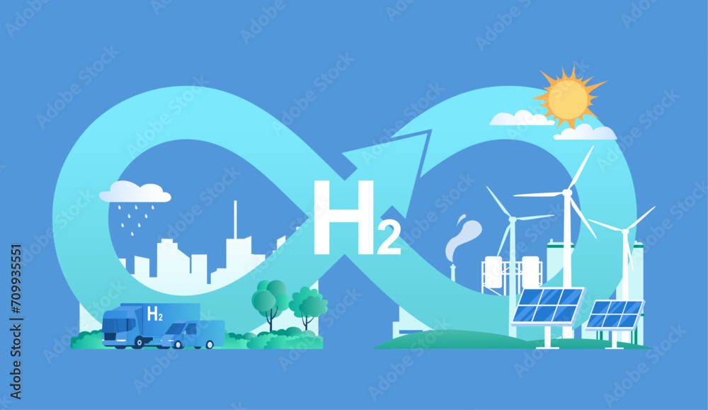 Concept illustration of using hydrogen as an renewable energy source. Vector illustration.