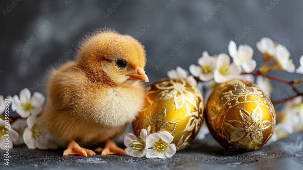 A fluffy chick beside ornate golden Easter eggs and white flowers on a gray textured backdrop. Easter card