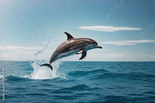  A majestic Common Bottlenose Dolphin gracefully leaping out of the crystal blue sea