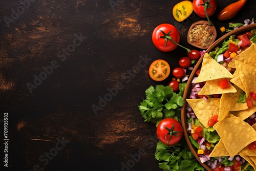 Top view fresh mexican food with nachos copy space generative AI photo